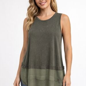 Michael Kors Olive Green Tank Top Sheer Bottom Gold Emblem Cotton Blend Sz L